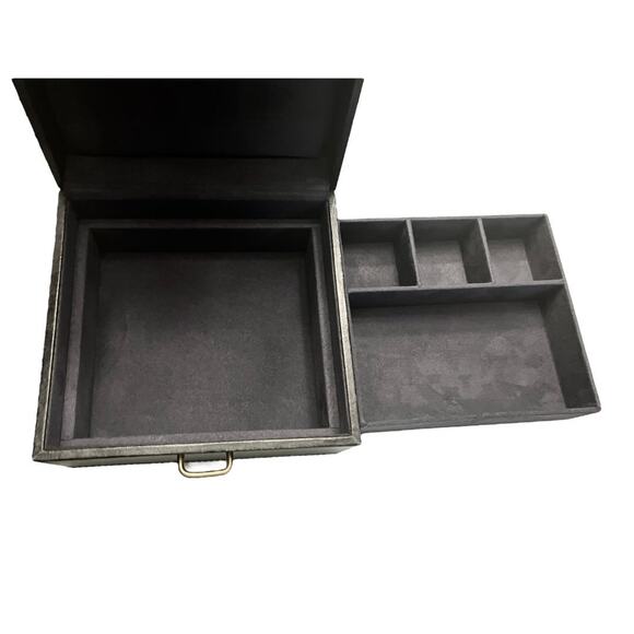 PB Black LEATHER JEWELRY BOX + TRAY Mens Ladies 8” Square Dresser Organizer - Picture 8 of 13